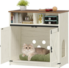 Hzuaneri Kattenbakkast, 80 x 48 x 80 cm, verborgen kattenkast met opbergruimte, kattenkast van hout, kattenhuis in landelijke stijl, tv-kast bijzettafel, vintage bruin-wit CB89414X