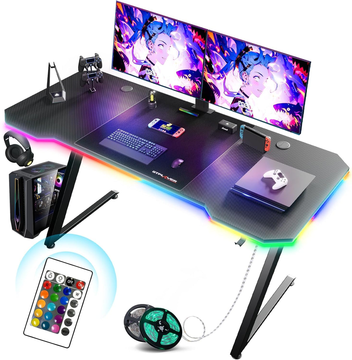 GTPLAYER Gamingtafel, gamingbureau, 120 x 60 cm, pc-tafel, gamertafel met led, stabiele computertafel met hoofdtelefoonhaak, zwart - Z12