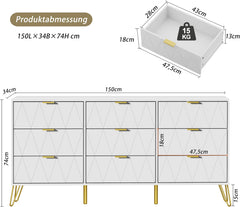 Commodekast met 9 schuifladen, 150 x 34 x 74 cm, dressoir, modern dressoir, tv-board, opbergkast, smalle commode, buffet, kast voor woonkamer, slaapkamer, hal, wit