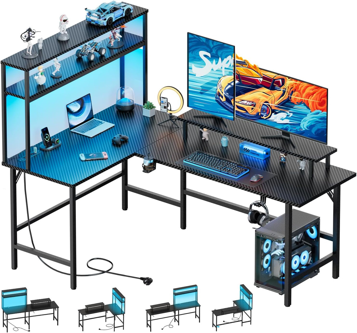 Gaming bureau - Gaming desk - Hoekbureau - 220x50 cm - Zwart - HLONONE