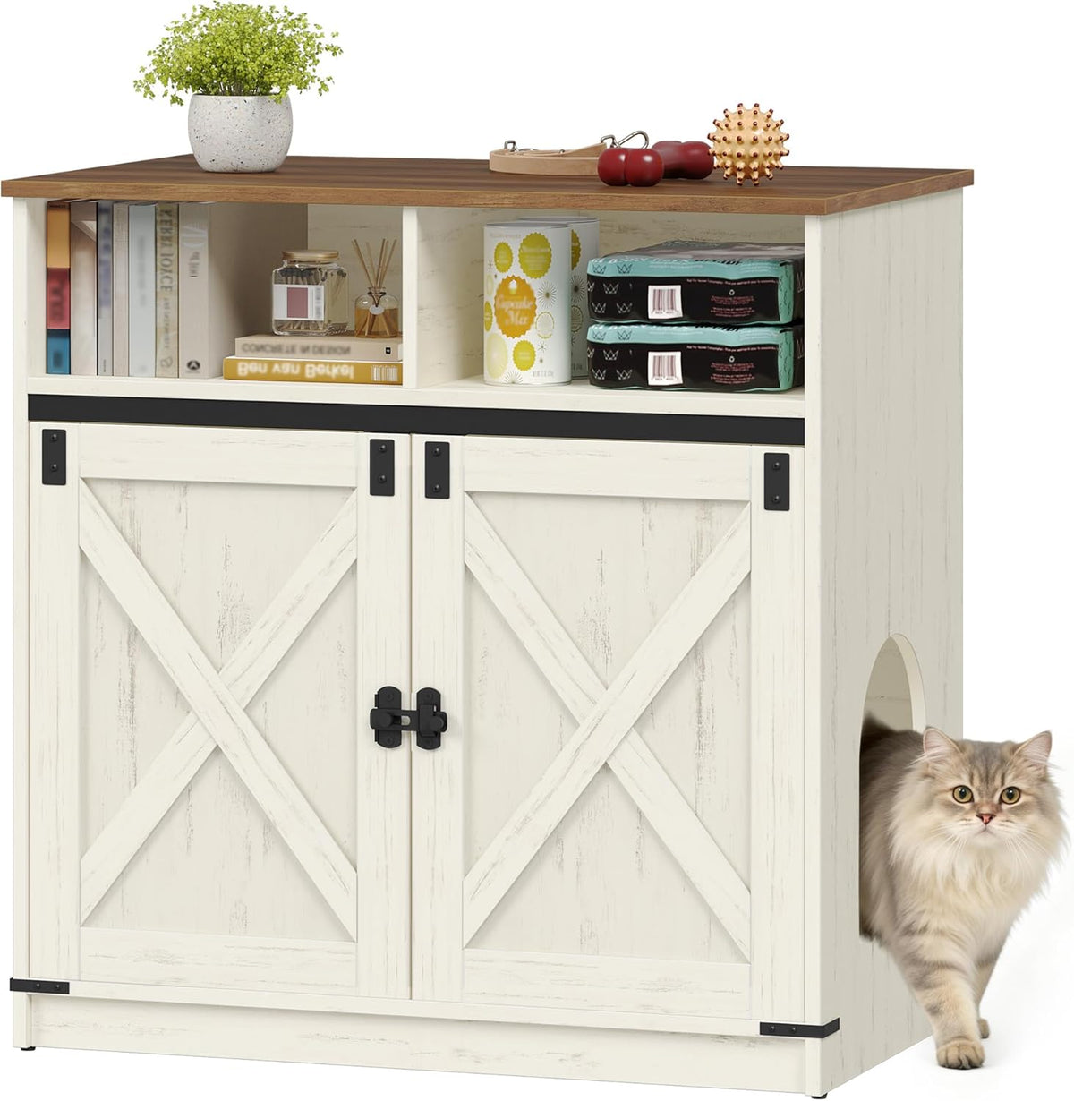 Hzuaneri Kattenbakkast, 80 x 48 x 80 cm, verborgen kattenkast met opbergruimte, kattenkast van hout, kattenhuis in landelijke stijl, tv-kast bijzettafel, vintage bruin-wit CB89414X