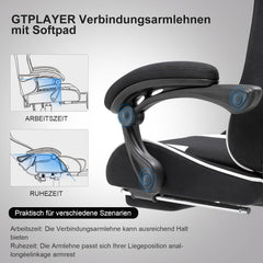 GTPLAYER Gaming stoel, stof, bureaustoel, massage gamingstoel, ergonomische gamerstoel met voetensteun, gevoerde gamingstoel, draaistoel, 150 kg, wit-zwart •