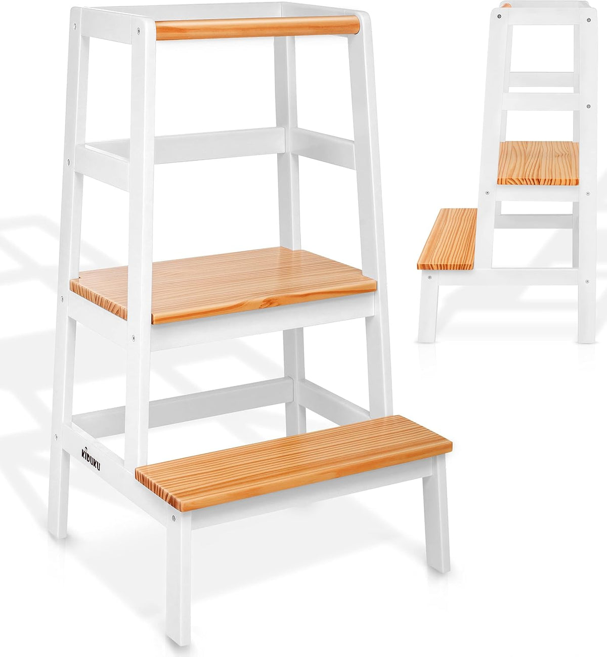 KIDUKU® Leertoren van hout, kinderkruk voor kinderen vanaf de staande houder, leertoren voor de hoogste veiligheid, leertoren voor meisjes en jongens (wit/hout, natuurlijk)