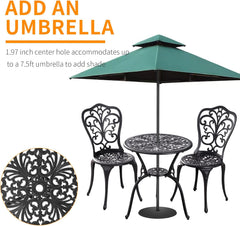 Bistroset voor buiten, 3-delig, gegoten aluminium, bistrotafel en stoelen, 2-delige set met parasolgat van 5 cm, weerbestendige bistrotafelset voor de veranda