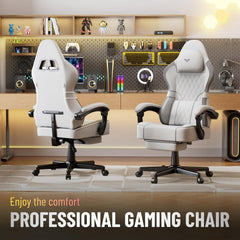 Ferghana Gamingstoel, ergonomisch, gamerstoel met verstelbare hoofdsteun en lendenkussen, armleuningen, voetensteun, racing pc-stoel voor kantoor gaming (wit, katoen-linnen)