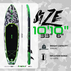 FunWater SUP-board, opblaasbaar stand-up paddleboard voor alle vaardigheidsniveaus, ideaal voor beginners en gezinnen, met antislip EVA-dek, peddel, pomp en complete accessoires, groen/zwart
