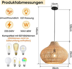 Parrot Uncle Boho rotan hanglamp, 35 cm, natuurlijke bamboe lampenkap, mand hanglamp, in hoogte verstelbaar, E27-fitting voor woonkamer, slaapkamer, hal (geen gloeilamp) [energieklasse A]