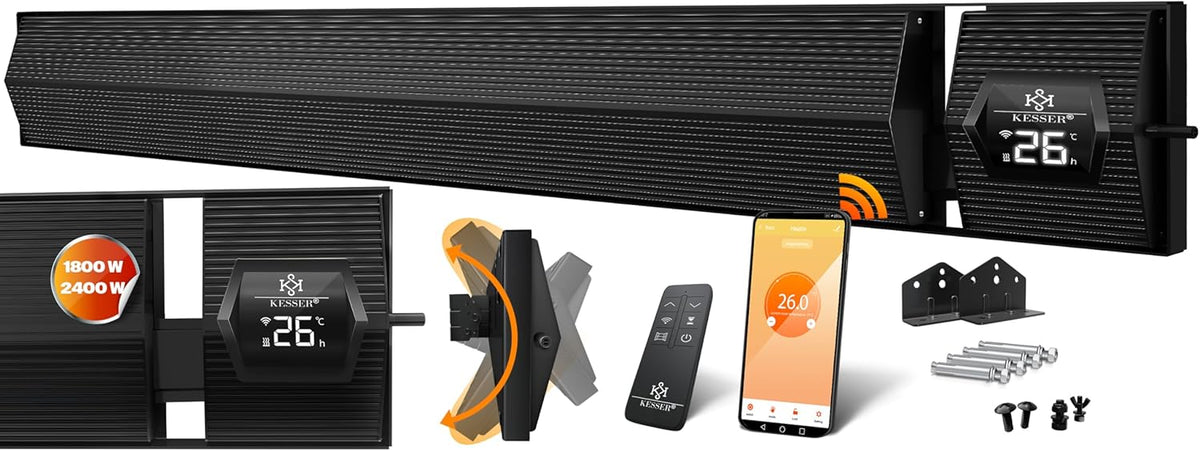 KESSER® Donkere warmtestraler, warmtestraler, warmtestraler, met afstandsbediening en wifi-app, 2400 W, terrasverwarming, infrarood terrasverwarming, wandverwarming, zwarte straler, kwartsstraler,