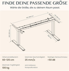 FLEXISPOT In hoogte verstelbaar bureauframe met dubbele motor, 3-traps zuilen voor 60-125 cm hoogteverstelling, flexibel tafelframe voor zit-sta-werkplekken (wit)