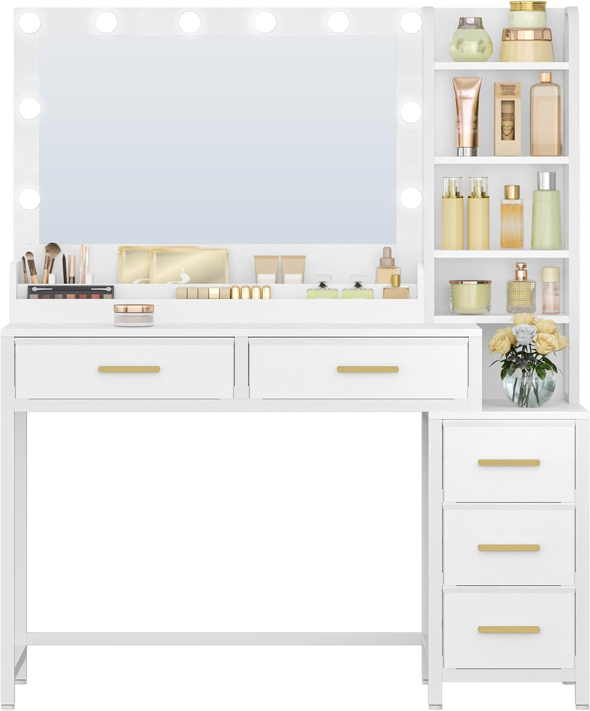 HEXCELEN Make-uptafel, kaptafel met grote spiegel, kaptafel met 5 laden, 5 open vakken, opbergruimte voor de spiegel, wit, 40 × 110 × 141 cm