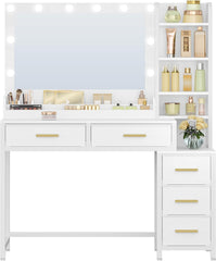 HEXCELEN Make-uptafel, kaptafel met grote spiegel, kaptafel met 5 laden, 5 open vakken, opbergruimte voor de spiegel, wit, 40 × 110 × 141 cm