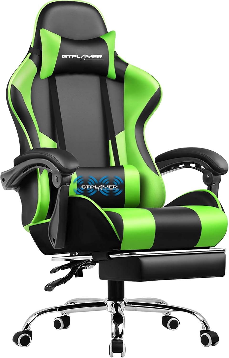 GTPLAYER Bureaustoel, gamingstoel, ergonomische gamerstoel met voetensteun, hoofdsteun, lendenkussen, gevoerd, draaistoel, zwart, groen