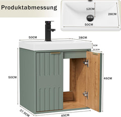 UEV Wastafel klein met onderkast voor gastentoilet hangend 49cm, groen, wastafel met kraan, badkamermeubelset voor badkamer