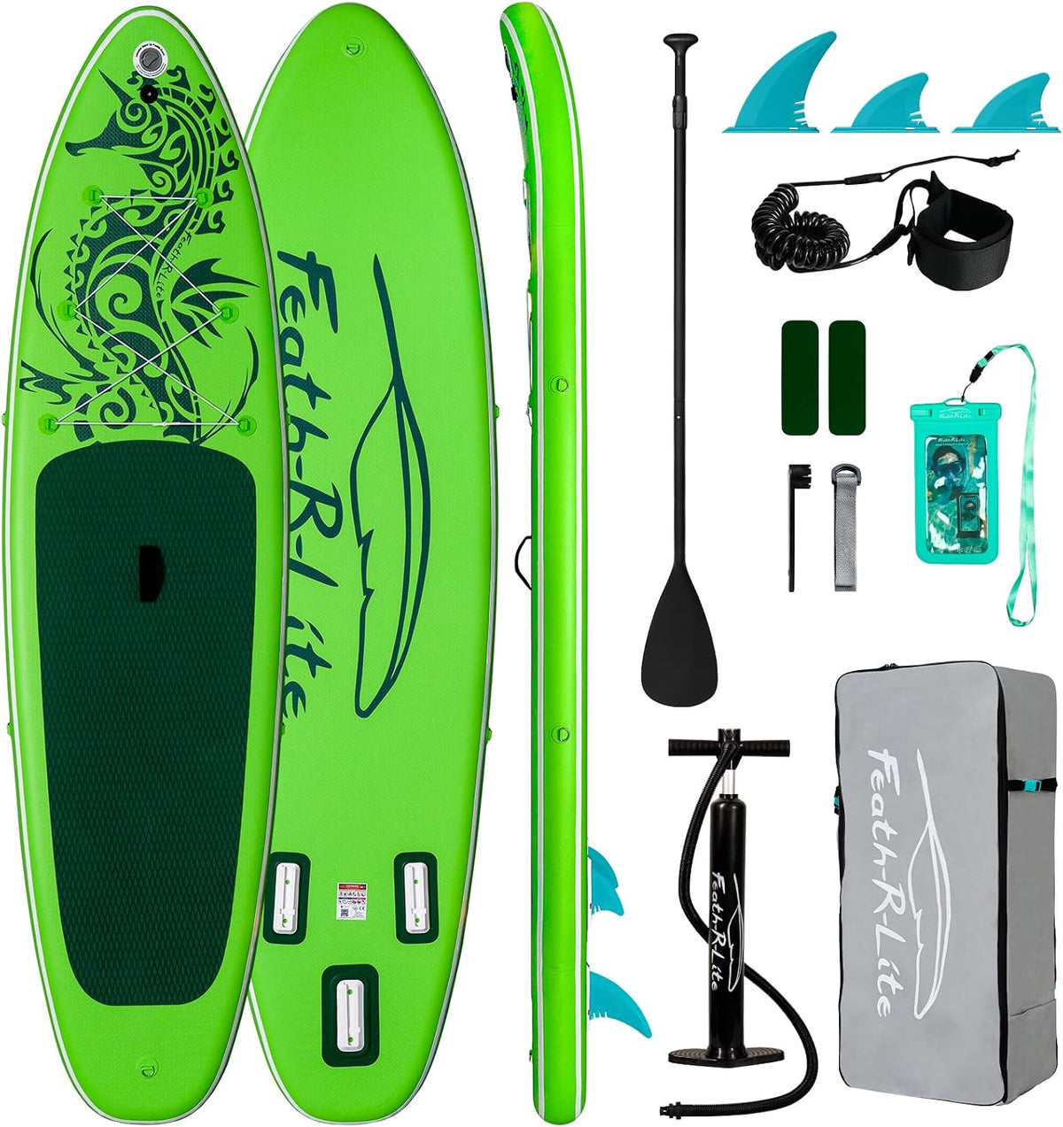 FEATH-R-LITE Opblaasbaar stand-up paddleboard, SUP met paddleboard, accessoires, multifunctionele paddleboards, antislip deck design voor volwassenen en jongeren, groen