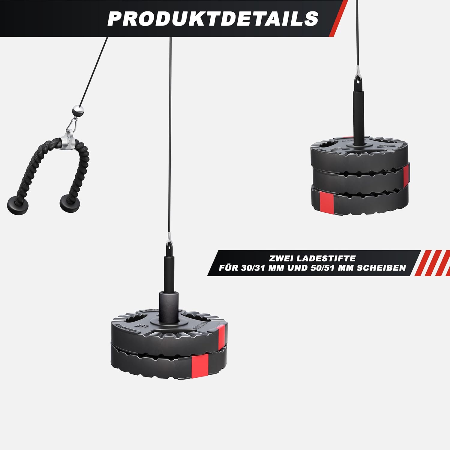 GORILLA SPORTS® Kabelkabel, fitnesssysteem, 2 m stalen kabel, katrol, triceps-touw, Olympische laadstift, halterschijfhouder, tot 150 kg, zwart - kabelaccessoires, home gym apparatuur