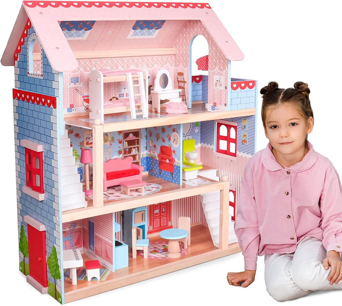 Houten XL Poppenhuis (60x70x30cm) - voor 13cm poppen - LED