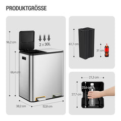 Hzuaneri Vuilnisemmer, afvalscheidingssysteem, 2 vakken, 60 l (2 x 30 l), roestvrij staal, pedaalemmer met kleurcoderbare pedalen, afvalemmer, rustige langzame afdaling, zilver SW23099E
