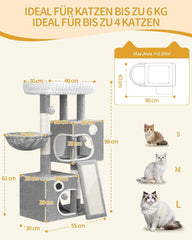 Hzuaneri MS10118LG Krabpaal, 98 cm kleine kattenboom, ruim en stabiel, met zacht groot platform, pluche ballen, holletjes, krabzuilen, kattenkrabplank, lichtgrijs