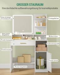 Hzuaneri Make-uptafel met spiegel en ledlicht, met 3 planken en 4 open vakken, make-uptafel met grote laden en kasten, 3-voudig regelbare verlichting, wit DT42103XEU