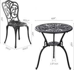 Bistroset voor buiten, 3-delig, gegoten aluminium, bistrotafel en stoelen, 2-delige set met parasolgat van 5 cm, weerbestendige bistrotafelset voor de veranda