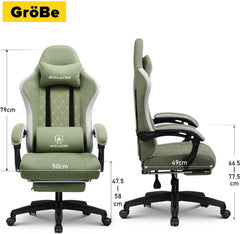GTPLAYER Gamingstoel, ergonomische gamingstoel, bureaustoel met stoffen oppervlak, veerzitkussen, verbindingsarmleuningen en voetensteun, 150 kg, groen