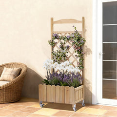 Plantenbak met wieltjes, houten verhoogd bloembed met trellis, weerbestendige plantenbak met drainagegaten, mobiele bloembak voor tuin, balkon en terras, 49 x 28 x 116 cm, lichtbruin