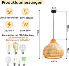 Parrot Uncle Rotan & folie hanglamp, 43 cm bamboe lampenkap, mand hanglamp, in hoogte verstelbaar, E27-fitting voor eetkamer, woonkamer, slaapkamer, hal (geen gloeilamp) [energieklasse A]