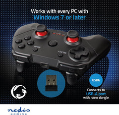 NEDIS Gamepad | Draadloos | Werkt op batterijen | PC | Aantal knoppen: 11 | Snoerlengte: 1.00 m | Zwart