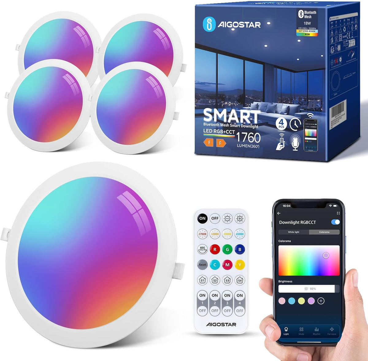 Aigostar Inbouwlamp, intelligente 18 W led-downlight bluethooth mesh, dimbare plafondverlichting, spot met afstandsbediening, compatibel met Alexa, 1760LM RGB, wit licht 2700K-6500K, diameter 200-220