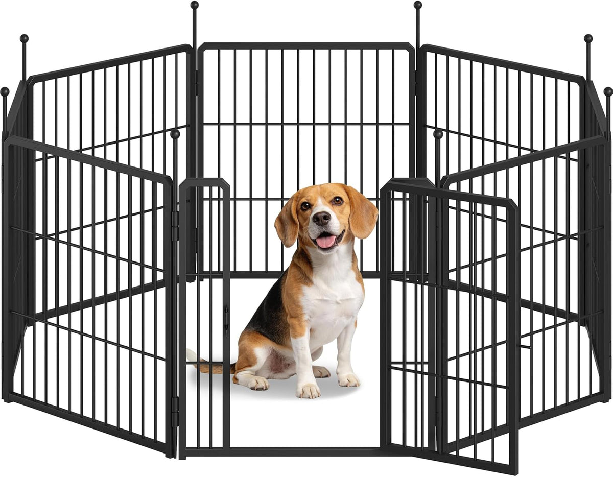 FOBYFURNY Puppinguitloop, metalen puppybox, 60 cm hoog, opvouwbare buitenren met deur, voor binnen en buiten, dierenbox, doe-het-zelf, 8 draadpanelen, puppyrooster, zwart