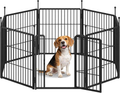 FOBYFURNY Puppinguitloop, metalen puppybox, 60 cm hoog, opvouwbare buitenren met deur, voor binnen en buiten, dierenbox, doe-het-zelf, 8 draadpanelen, puppyrooster, zwart