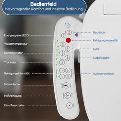 YU YUSING Intelligente Smart toiletbril, bidet met mondstuk, elektrische douchewc-bril, toiletdeksel met softclosemechanisme, led-display, nachtlampje, warm water, wasfunctie, wc-bril V-vorm, wit