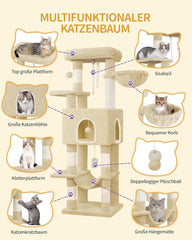 Hzuaneri MS14918YL Krabpaal, 149 cm kattenboom, kattenkrabpaal met 5 krabzuilen, grote platforms, verstophol, meerlaags kattenactiviteitscentrum, pompons, beige