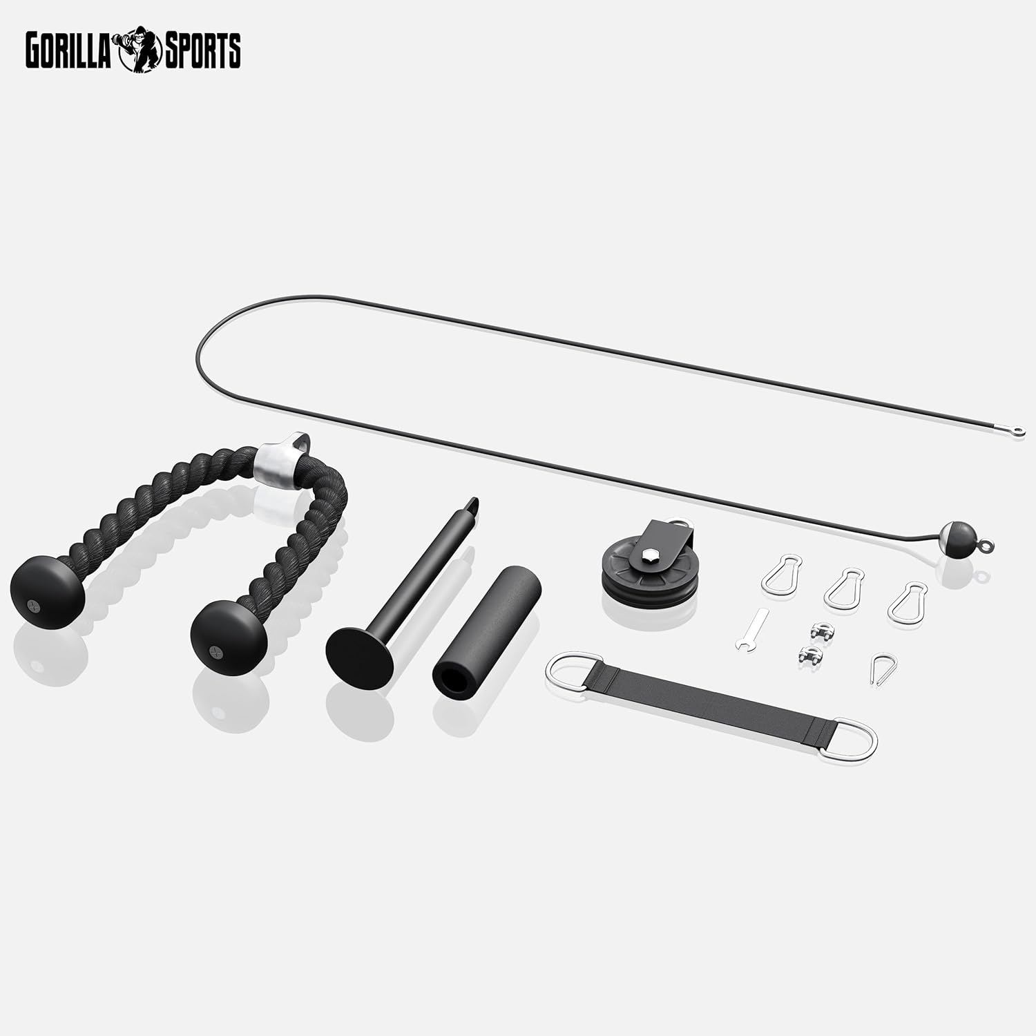 GORILLA SPORTS® Kabelkabel, fitnesssysteem, 2 m stalen kabel, katrol, triceps-touw, Olympische laadstift, halterschijfhouder, tot 150 kg, zwart - kabelaccessoires, home gym apparatuur