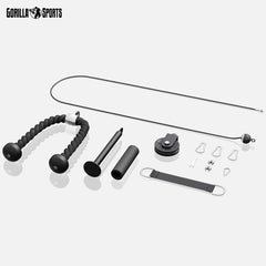 GORILLA SPORTS® Kabelkabel, fitnesssysteem, 2 m stalen kabel, katrol, triceps-touw, Olympische laadstift, halterschijfhouder, tot 150 kg, zwart - kabelaccessoires, home gym apparatuur