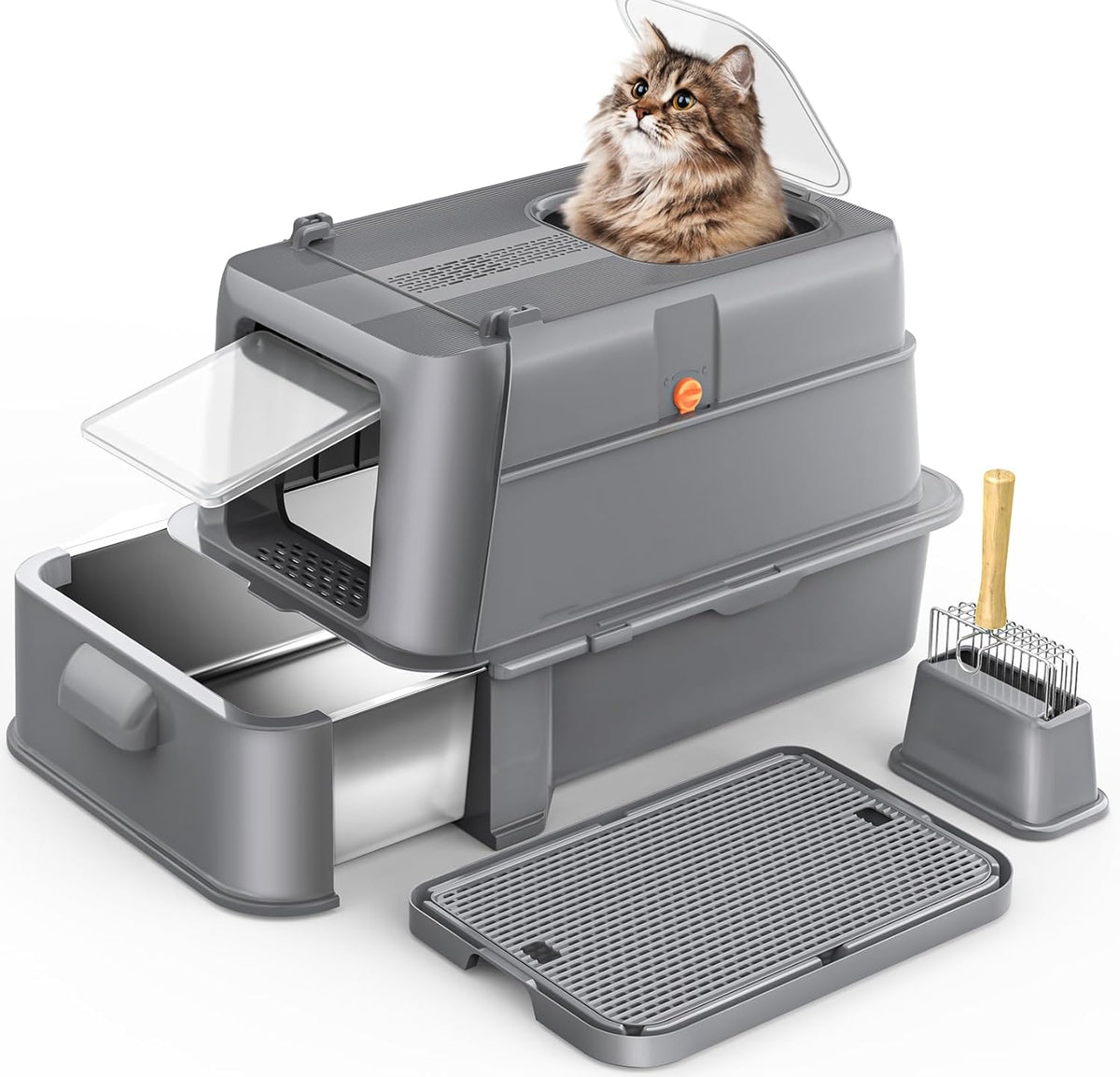 HEGGCOOE Kattenbak van roestvrij staal met deksel, XL, grote kattenbak met lade, gesloten kattenbak met instap voor en bovenaan, schep, filterpedaal, reiniging en geurcontrole, donkergrijs
