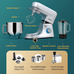 COOKLEE 6-in-1 staande mixer, 7 liter, Multifunctionele elektrische keukenmixer met 9 accessoires voor de meeste thuiskoken, SM-1507BM, zilver •