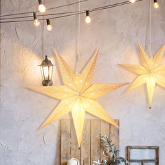 SALCAR Papieren led-ster, verlicht om op te hangen, met warmwitte E14-lamp, 3D-kerstster, raamdecoratie, Kerstmis, witte papieren ster