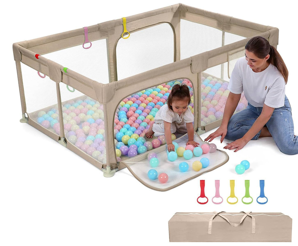 Dripex Box voor baby's, box met ademend net, speelbox voor baby's, 5 boxringen, 120 x 180 cm, bruin