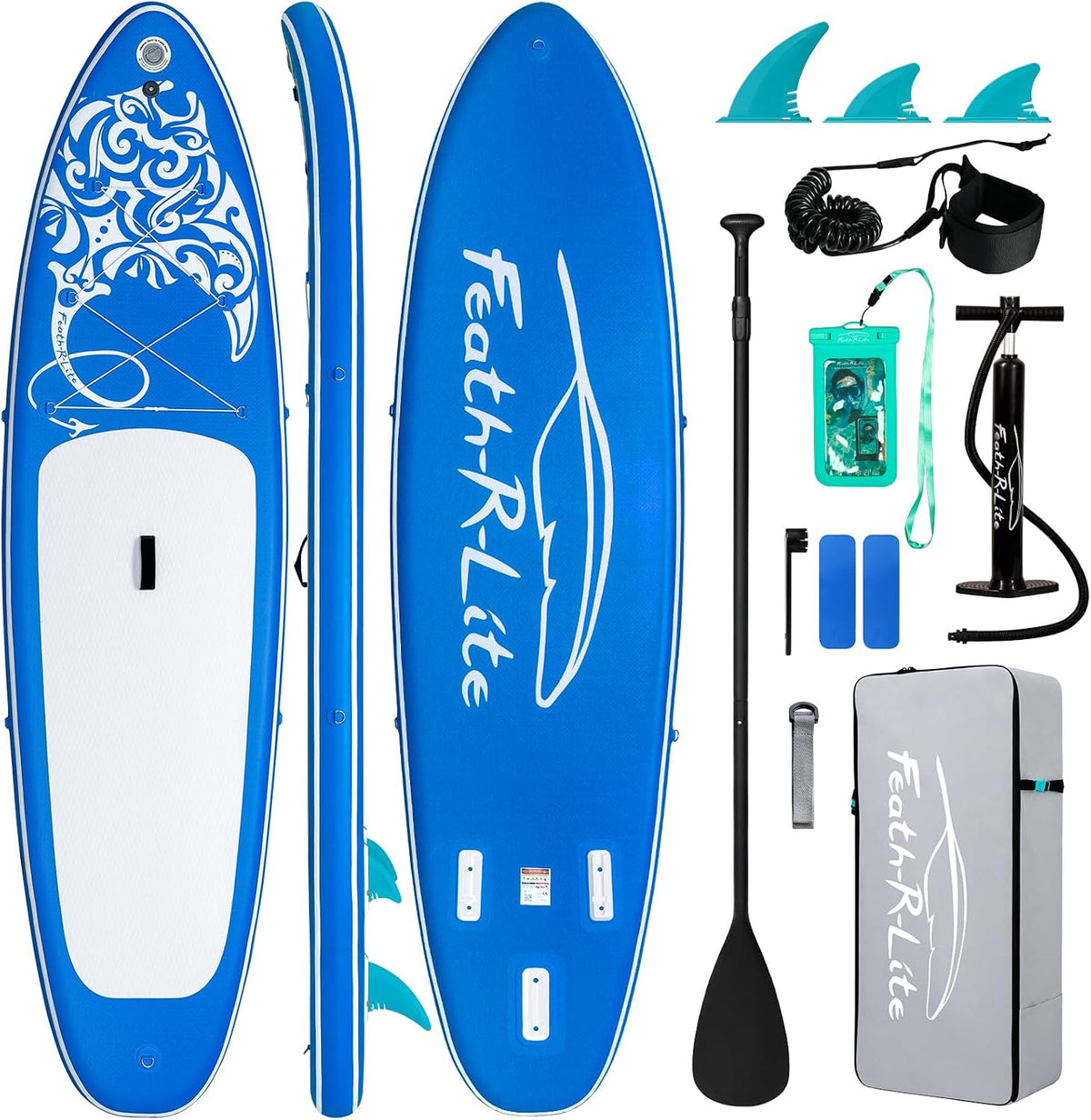 FEATH-R-LITE Opblaasbaar paddleboard, stand-up paddleboards voor volwassenen, SUP met twee verschillende configuraties van accessoires, blauw