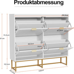 UEV Schoenenkast met 4 kleppen, 100 x 24,2 x 91 cm, smalle schoenenkast, hal, woonkamer, entree, schoenenopslag met kantelbeveiliging, verstelbare scheidingswanden, voor verschillende soorten •