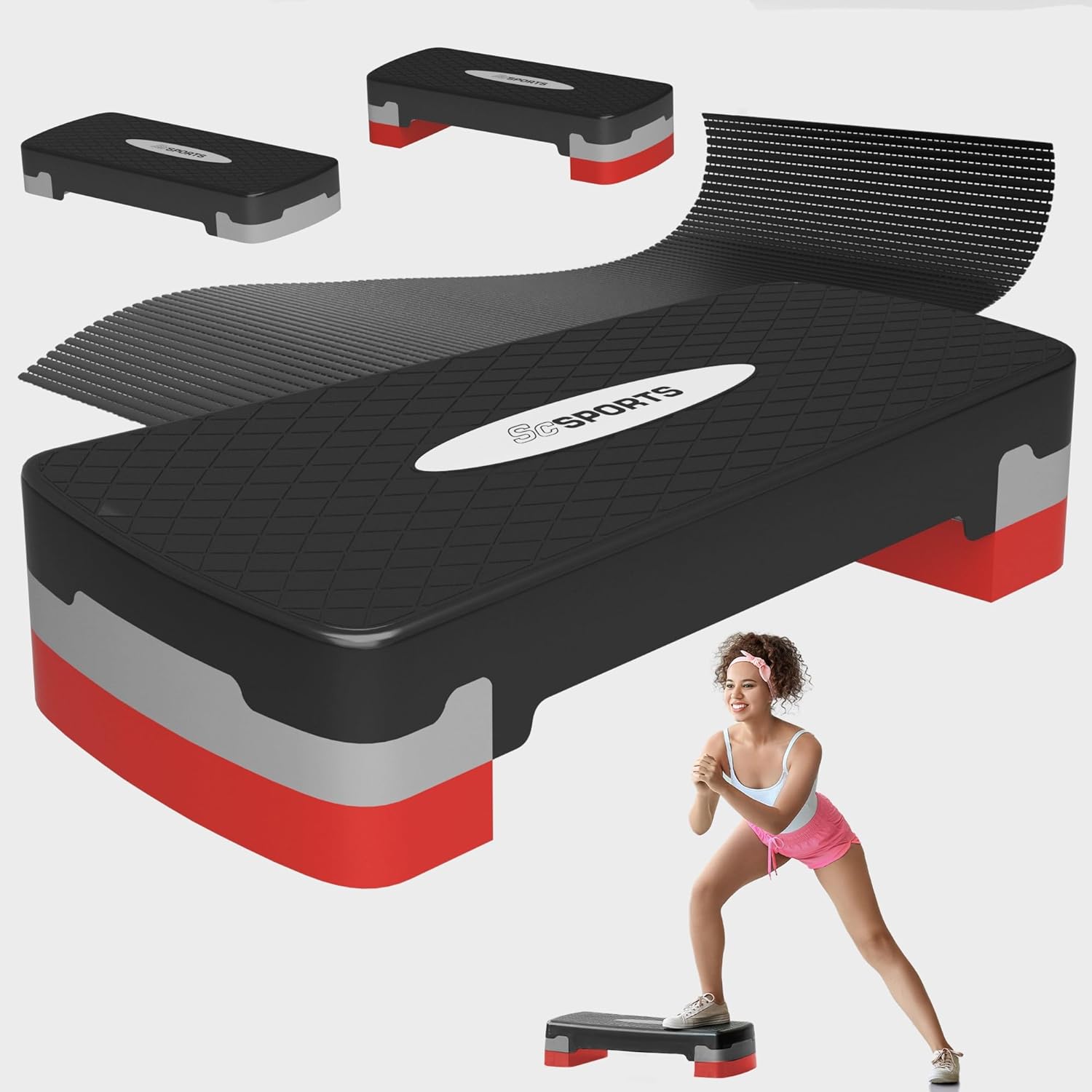 ScSPORTS® Stepper - in hoogte verstelbaar, 2 treden (10/15 cm), met mat, antislip, tot 120 kg, zwart - aerobic stepboard, stepboard voor thuis, fitness, full-body training