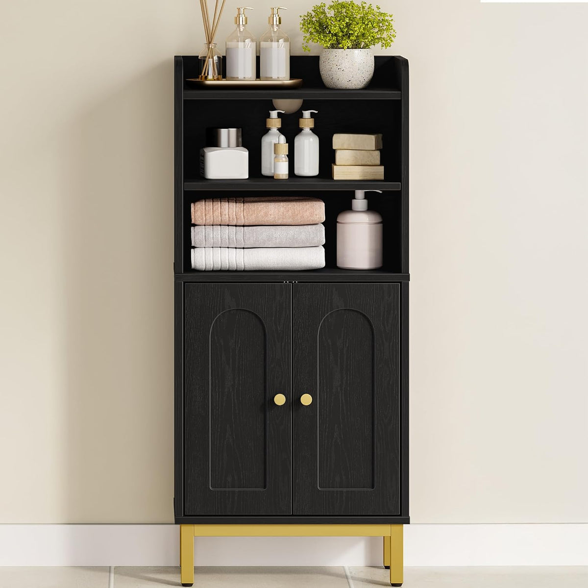 Hzuaneri Badkamerkast, badkamerkast, keukenkast met 2 open vakken, 2 deuren, 2 verstelbare planken, vrijstaande badkamer, 20 × 37 × 84 cm, zwart-goud BC48204G