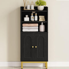 Hzuaneri Badkamerkast, badkamerkast, keukenkast met 2 open vakken, 2 deuren, 2 verstelbare planken, vrijstaande badkamer, 20 × 37 × 84 cm, zwart-goud BC48204G