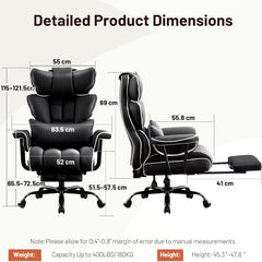 Furniliving bureaustoel voor grote en lange mensen (180 kg), ergonomische directiestoel met brede zitting, verstelbare rugleuning, lendensteun, hoge rugleuning, leren gamingstoel met voetensteun en kussen, zwart