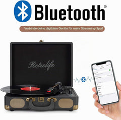 Retrolife Vinylplatenspeler, 3 snelheden, bluetooth-behuizing, draagbare bandaandrijving, draaitafel met ingebouwde luidsprekers, RCA-uitgang, AUX-ingang in hoofdtelefoonaansluiting, zwart