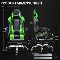GTPLAYER Bureaustoel, gamingstoel, ergonomische gamerstoel met voetensteun, hoofdsteun, lendenkussen, gevoerd, draaistoel, zwart, groen