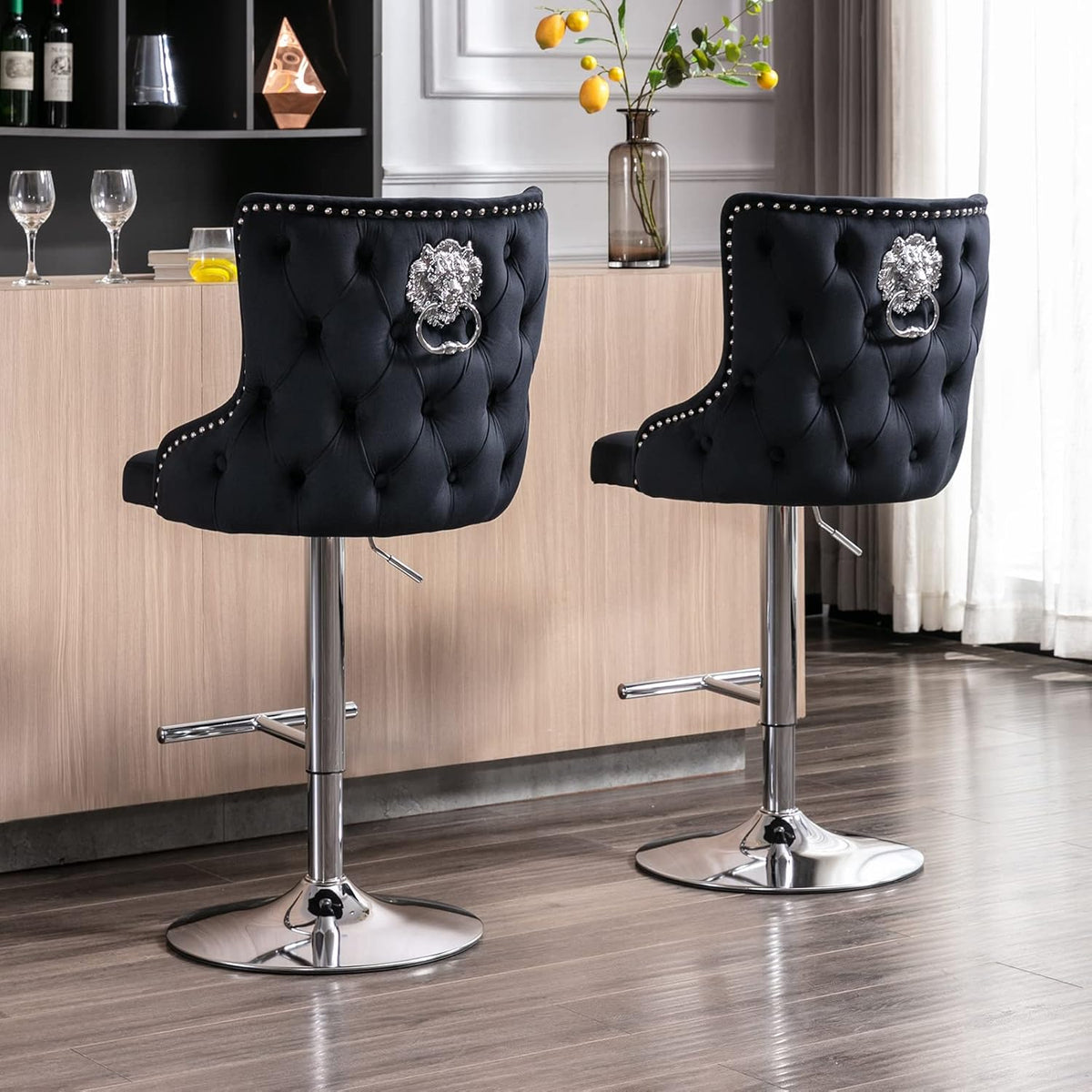 Ya-Home Fluwelen barkruk, set van 2, in hoogte verstelbaar, metalen voet, zwart, zithoogte verstelbaar van 60-82 cm