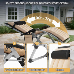 ST 2 stuks zonnebed, inklapbaar, tuinligstoel, weerbestendig, met ergonomisch kussen, ligstoel voor in de tuin met nekkussen, bekerhouder, zijzak, strandstoel, verstelbare rugleuning, beige