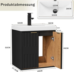 UEV Wastafel met onderkast, hangend, 49 cm, kleine wastafel voor gasten, wastafel met kraan, hangende wastafel, wastafel voldoende opbergruimte, badkamermeubelset voor badkamer, zwart